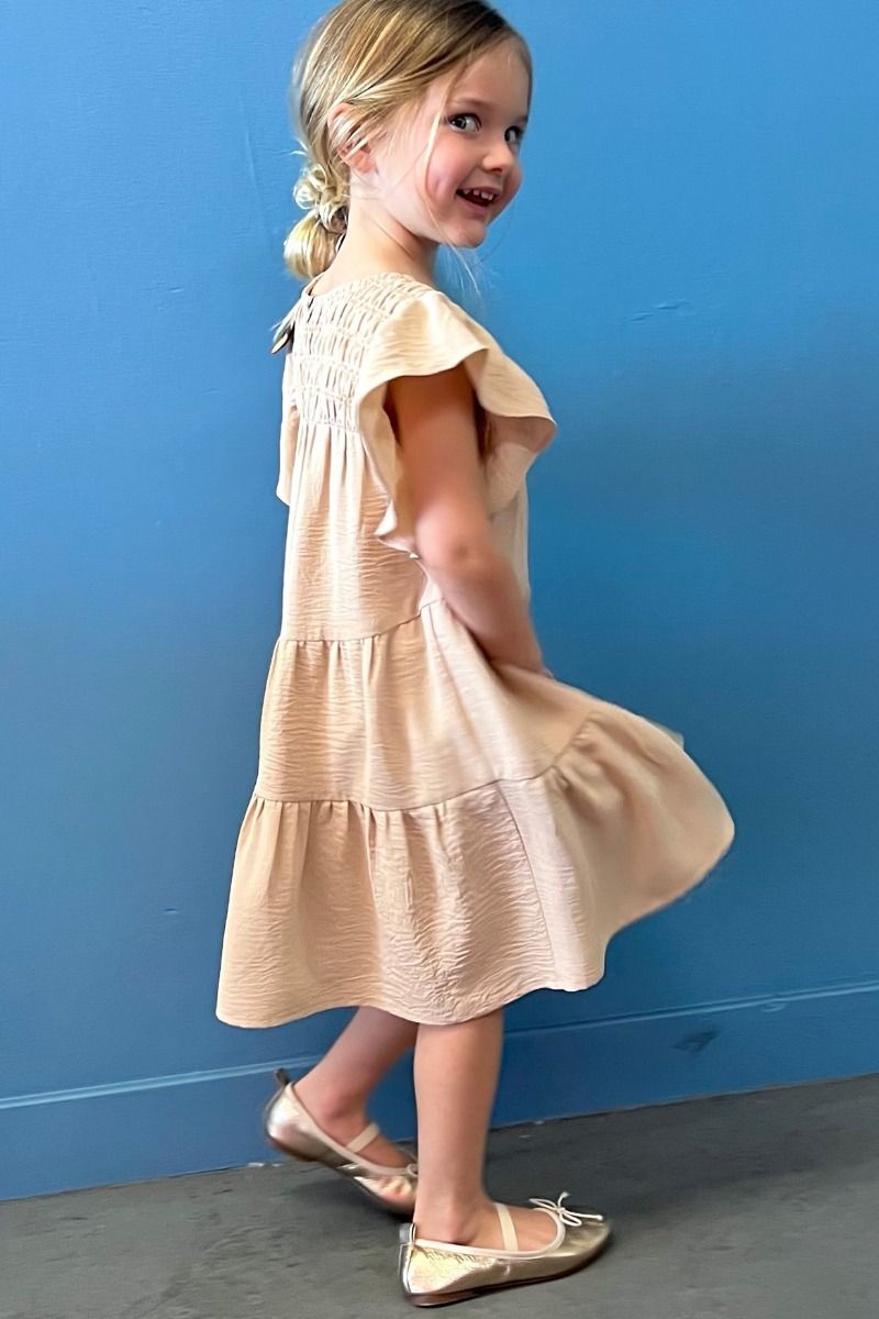 SMOCKED CHEST RUFFLE SHOULDER TIERED DRESS