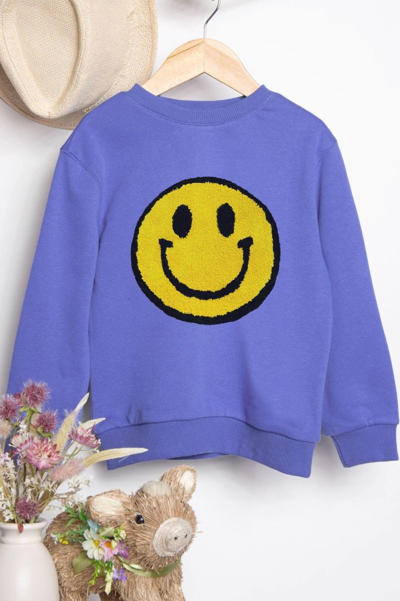 CHENILLE SMILEY FACE PATCH GRAPHIC SWEATSHIRTS