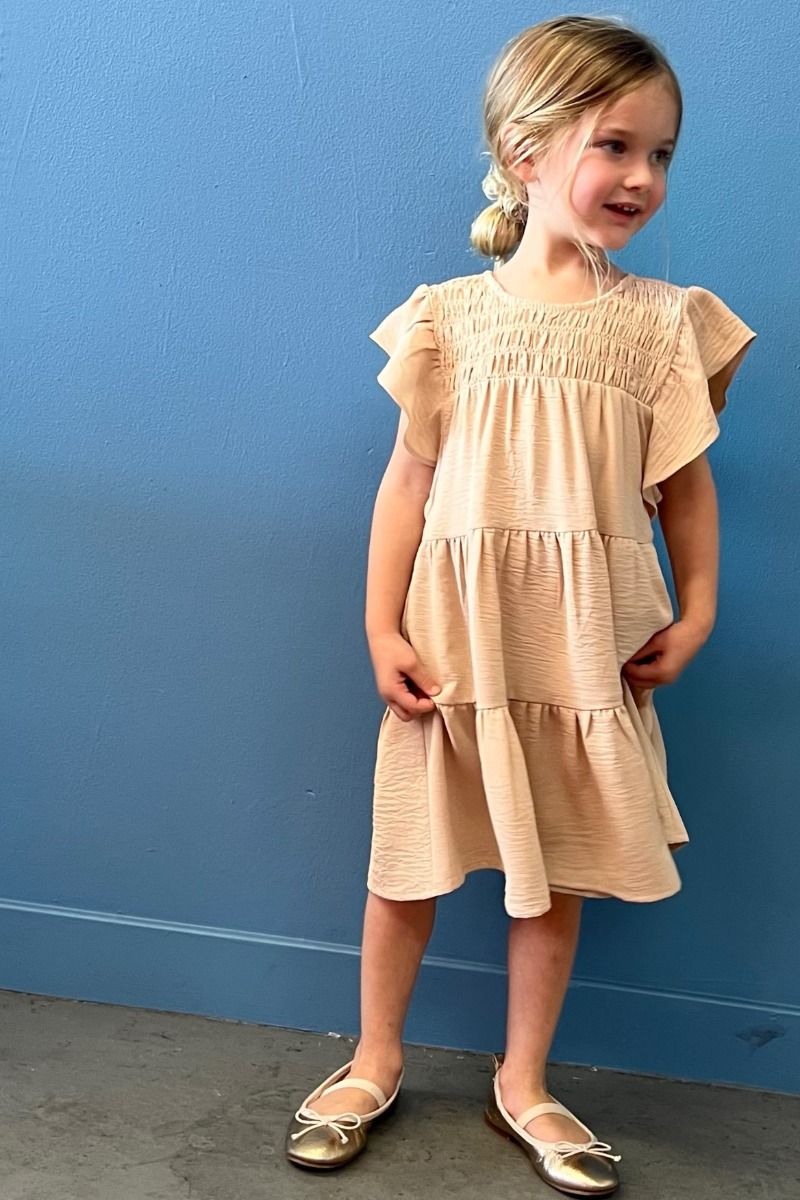 SMOCKED CHEST RUFFLE SHOULDER TIERED DRESS