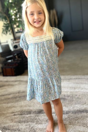DITSY FLORAL LACE TRIM PUFF SLEEVE DRESS