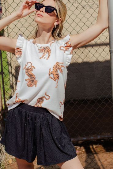 SLEEVELESS TIGER PRINT RUFFLED TOP