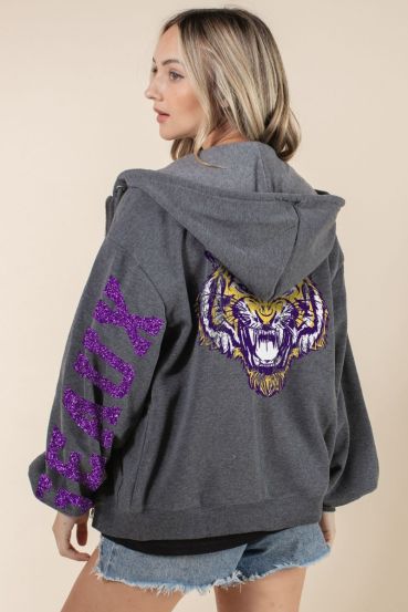 GLITTER GEAUX TIGER FLEECE-LINED ZIP-UP HOODIE