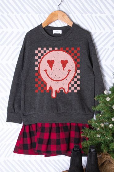 KIDS MELTING SMILEY GRAPHIC PLAID SWEATSHIRT DRESS