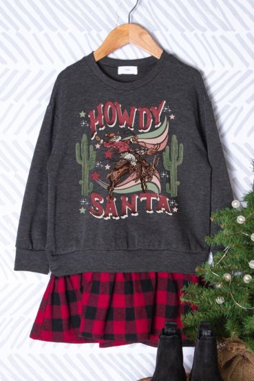 KIDS HOWDY SANTA GRAPHIC PLAID SWEATSHIRT DRESS