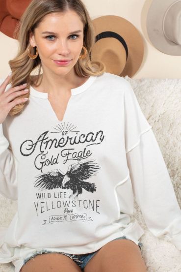 GOLD EAGLE GRAPHIC PRINT NOTCH NECK OVERSIZED TOP