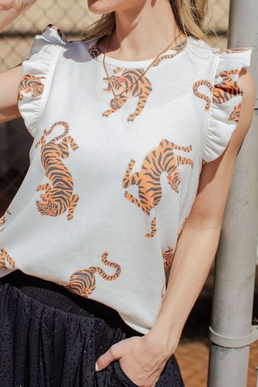SLEEVELESS TIGER PRINT RUFFLED TOP