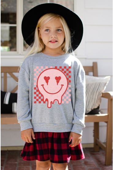 KIDS MELTING SMILEY GRAPHIC PLAID SWEATSHIRT DRESS