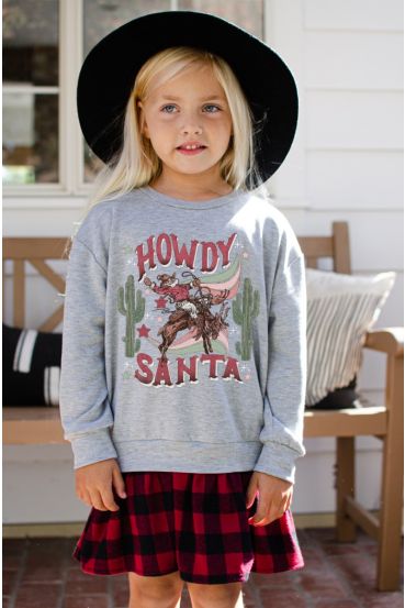 KIDS HOWDY SANTA GRAPHIC PLAID SWEATSHIRT DRESS